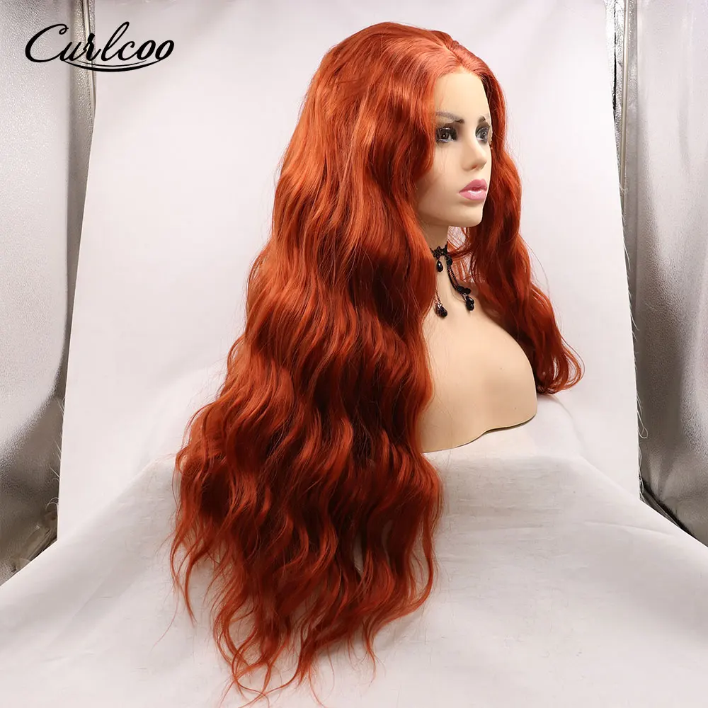 

Synthetic Natural Wave Copper Red Hair Lace Front Wigs Middle Part High Temperature Fiber Glueless Cosplay wig For Black Women