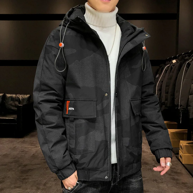 

New Men's Hooded Camouflage Parka Long Sleeve Wind Proof Winter Zipper Korean Outdoor Male Quality Overcoat