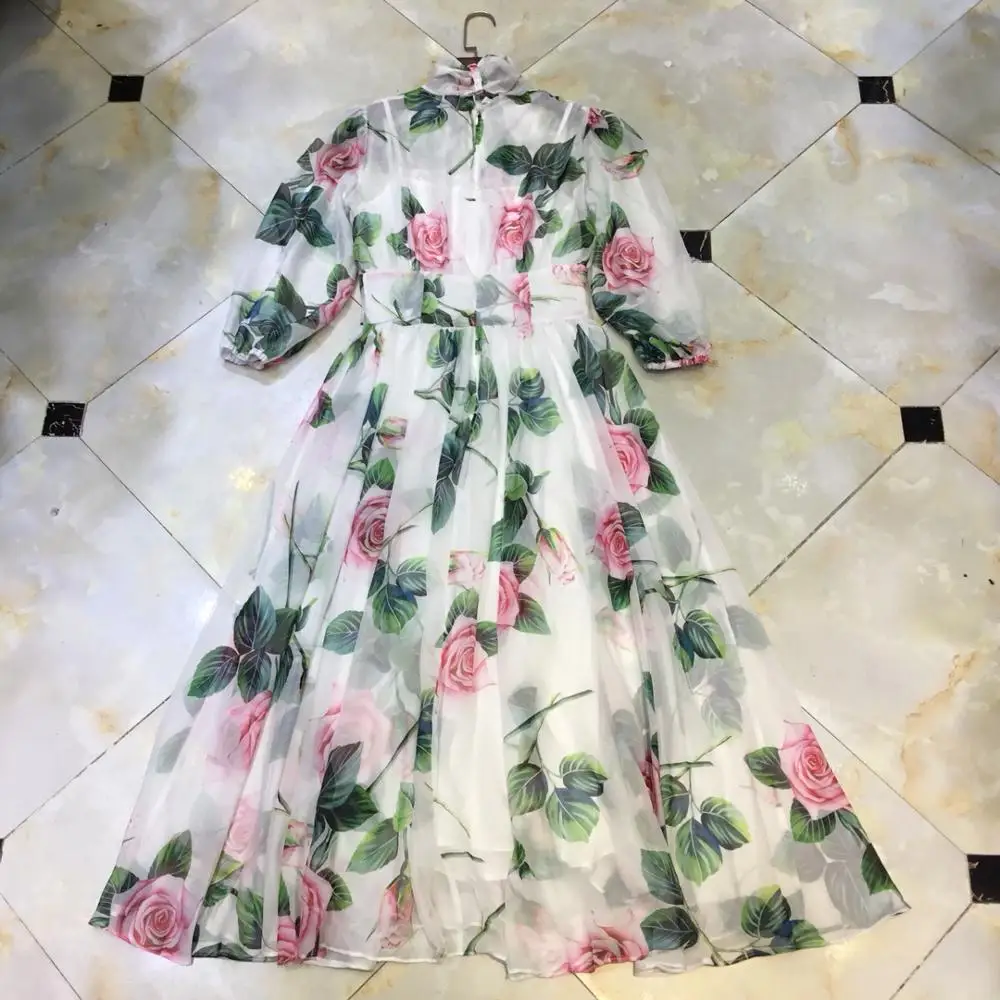 

Seasixiang Summer Designer Holiday Dress Women's Puff Sleeves Bow Collar Floral Printed Casual Mid Calf Length Vocation Vestidos