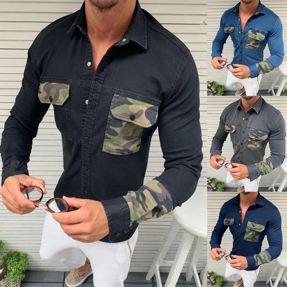 Модные мужские рубашки в стиле пэчворк 2019 брендовые облегающие с длинным рукавом