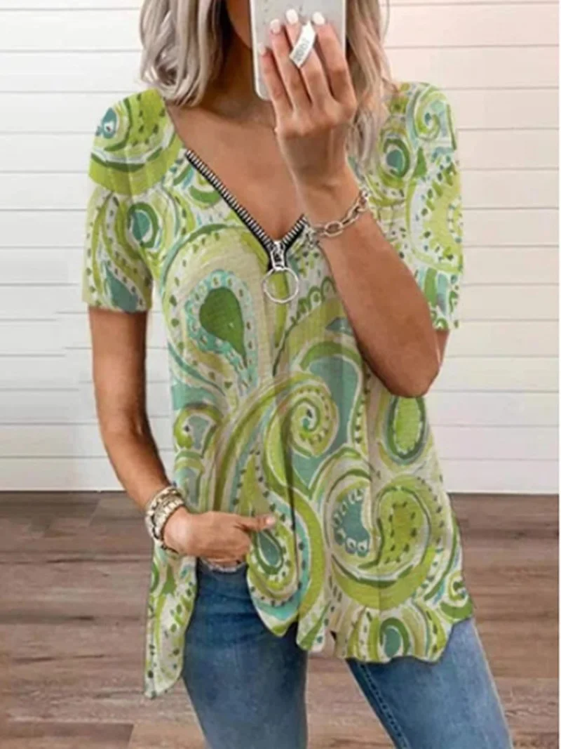 

New 2021 Women Summer Blouse Zipper V-neck Print Short Sleeve Shirt Casual Fashion Blouses Loose Shirts Office Beach Tops Plus