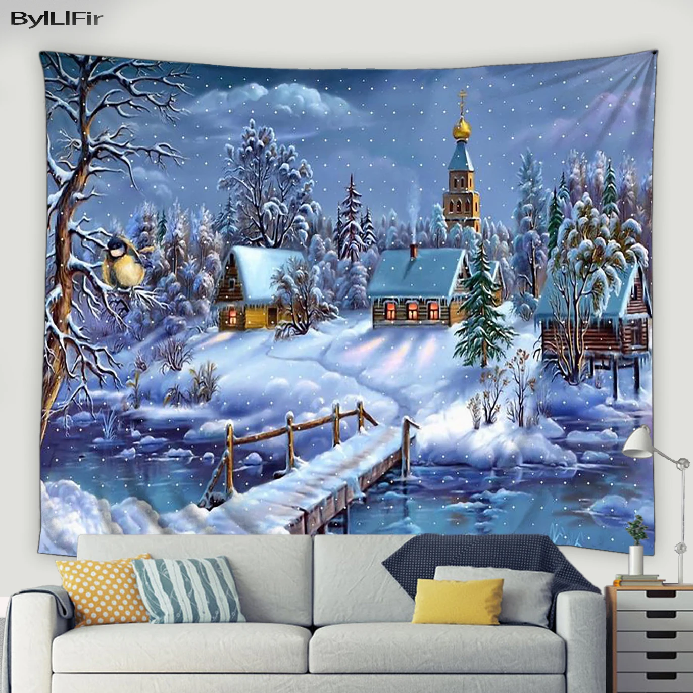 

Winter Forest Tapestry Snow Retro Wooden Bridge Farm House Natural Landscape Wall Hanging Cedar Home Dorm Christmas Tapestries