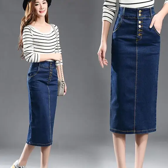 women's new large size denim skirt elasticity high waist long split 7xl DF575 | Женская одежда