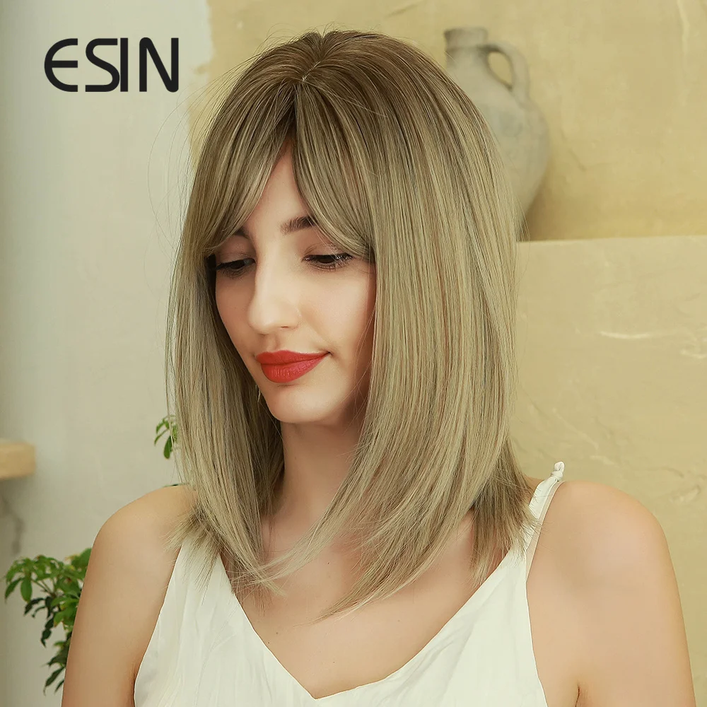 ESIN серый золотой средней длины прямой парик с челкой INS косплей натуральные