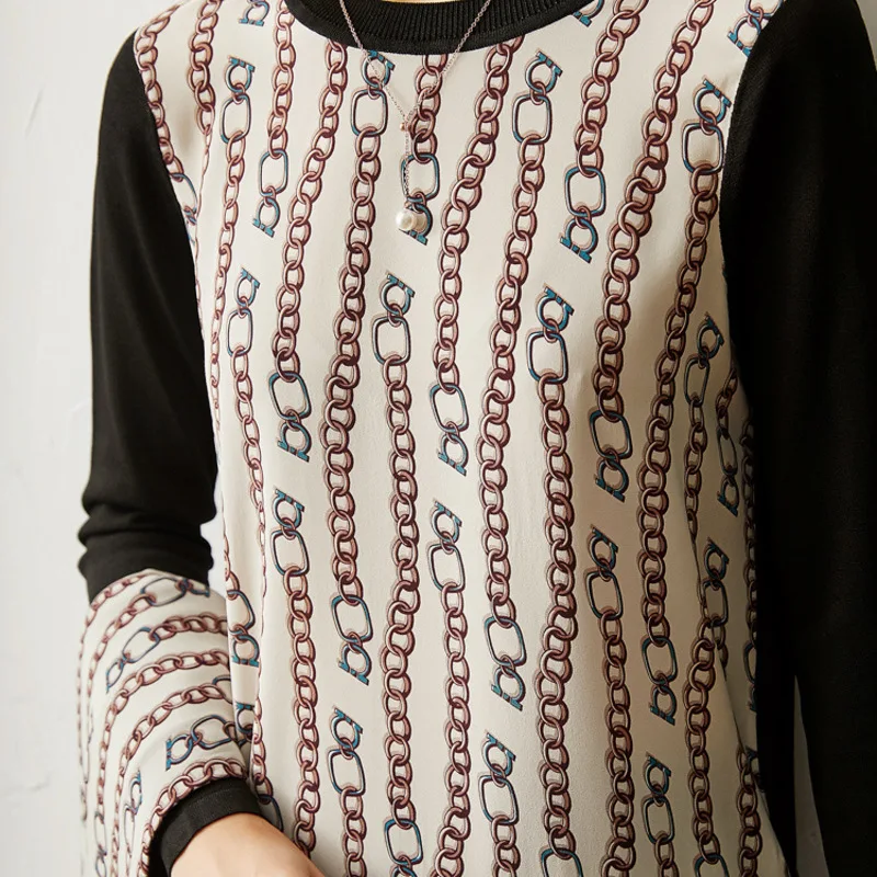

New printed silk top women s spring clothing splicing ice silk knitwear thin round neck long sleeve