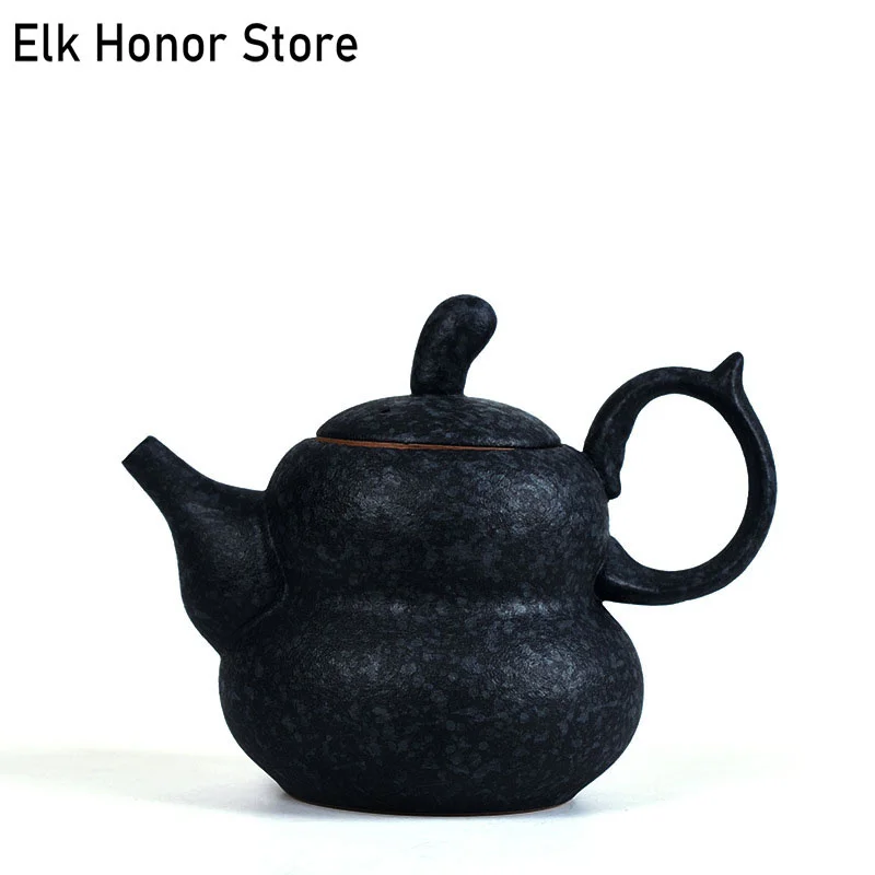 

270ml Retro Balck Coarse Ceramic Teapot Handmade Gourd Pottery Master Pot Kung Fu Tea Pu'er Dahongpao Teaware Gift Packaging