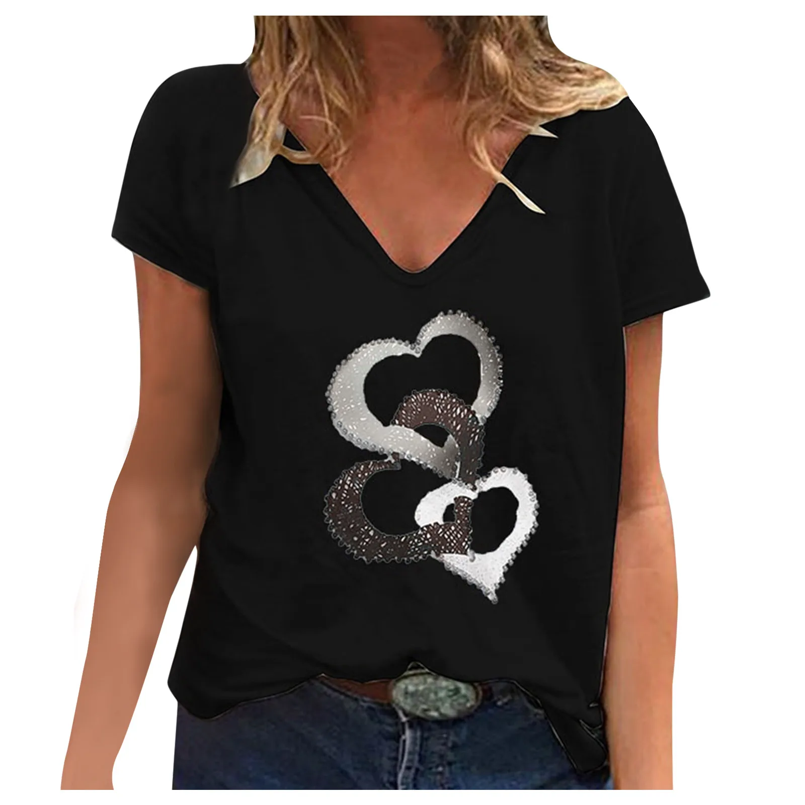 

Plus Size Tops For Women 2021 Summer Short Sleeve Printed V-neck T-shirt Female Casual Loose T Shirt Blouse