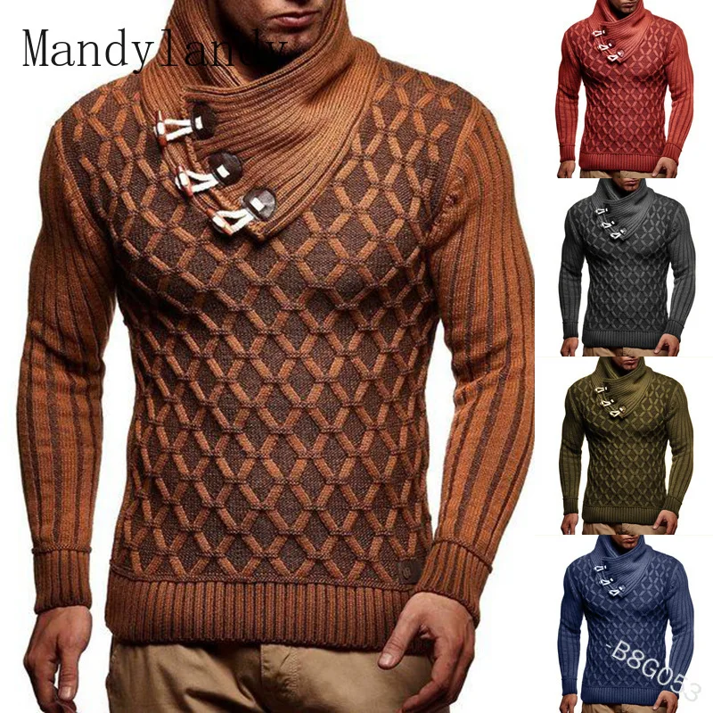 

Mandylandy Autumn Winter Knitted Sweater Men's Casual Turtleneck Long Sleeve Slim Fit Solid Color Warm Pullover Sweater