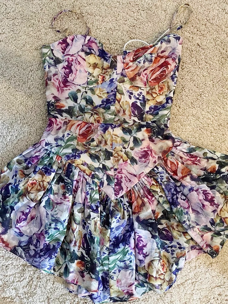 

Sexy Vintage Floral Print Suspender Mini Dress Slim Fish Bone Stitching Asymmetrical Ruffled 2021 Summer Women's Clothing