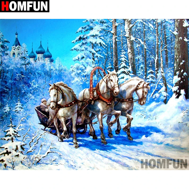 Полноформатная Алмазная 5D картина HOMFUN конский Снежный пейзаж сделай сам вышивка