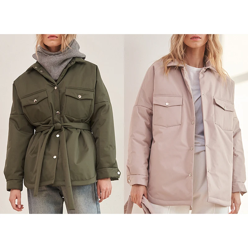 

CP Spring Solid Front Pockets Parkas Women Fashion Tie Belt Coats Women Elegant Turn Down Collar Cotton Jackets Female Ladies