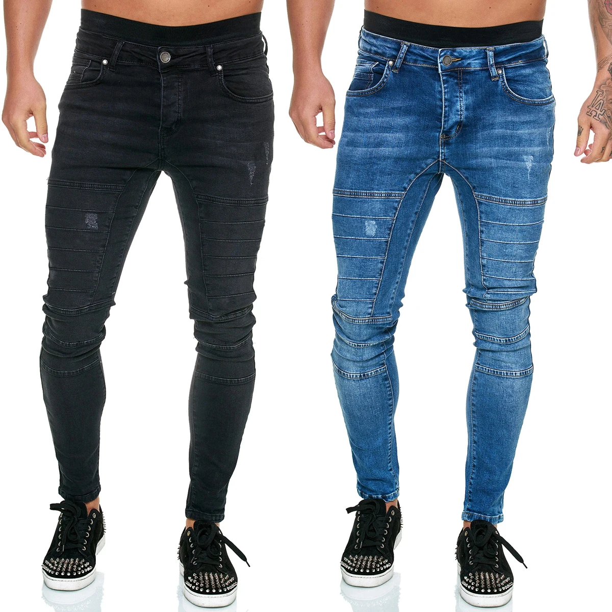 

New Skinny Jeans men Streetwear Destroyed Ripped Jeans Hole Hip Hop male Pencil Biker Embroidery Patch Pants