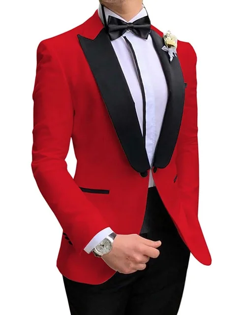 2020 New Arrival 2 Pieces Red Men Suits Prom Tuxedos Groom Blazer Slim Fit Dinner Party Suits for Wedding (Blazer+Pants+Bow)