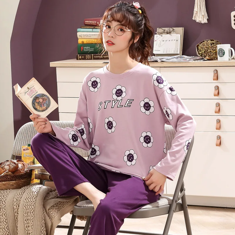 

Autumn Ladies' Pyjamas Women's Cotton Pajamas Women's Long-sleeved Trousers Round Neck Printing Summer Clothes for Women