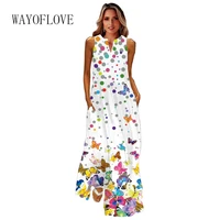 wayoflove spring summer white long dress casual beach holiday dots butterfly print dresses woman party sleeveless v neck dresses