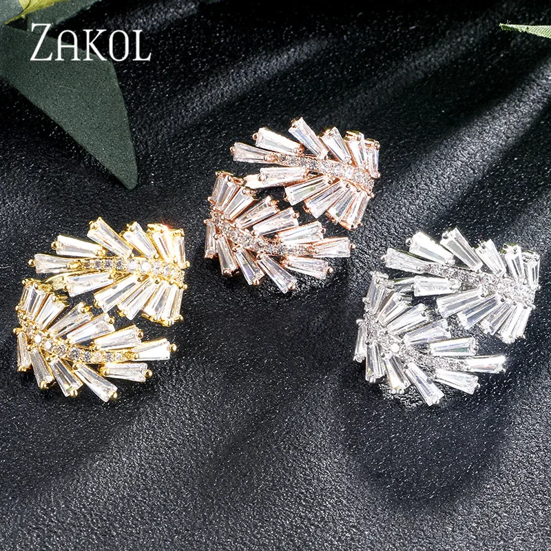 ZAKOL модные стильные Открытые Кольца трапециевидной формы с фианитами и кристаллами, свадебные ювелирные изделия Anillo для женщин, девушек, вечерние, подарок FSRP225