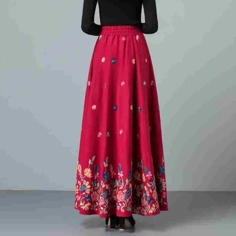 

Mom elegant Embroidered Maxi pleated skirt Women Plus Size Winter Warm Woolen Long Skirt Lady High Waist Casual Wool Office