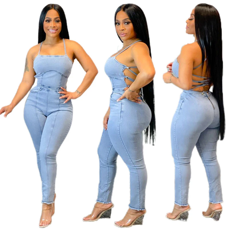 Casual Sexy Backless Bandage Jeans Denim Jumpsuits Plus Size Lace Up Jumpsuit Women Combinaison Femme Vestidos Mujer Verano 2021