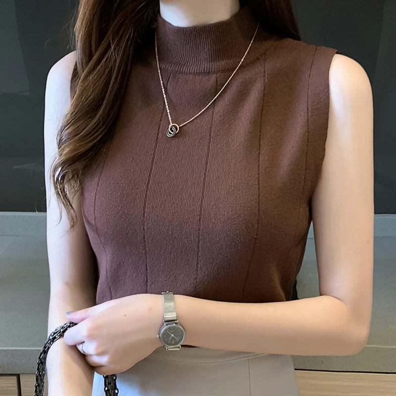 

LJSXLS 2021 Summer Woman's Clothes Solid Thin Knitted Tank Women All-match Slim Sleeveless Tank Tops Female Dark Brown Top Femme