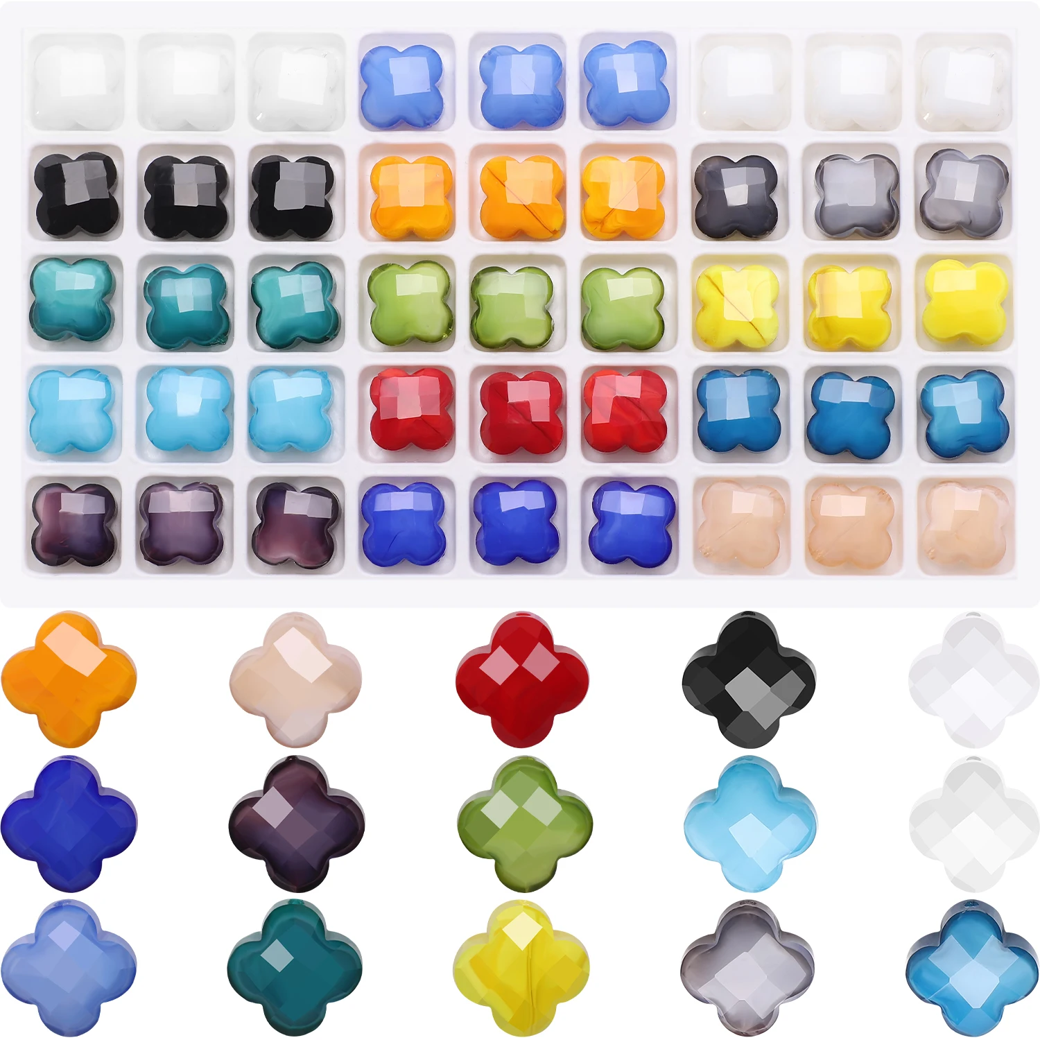 15 Colored Glass Four Clover Shape Beads 12MM 90Pcs/Box Faceted Gems Crystal Spacer Pendants for DIY Jewelry Making Necklace