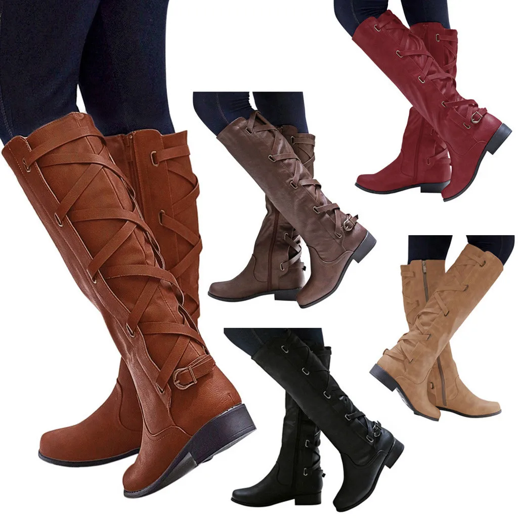 Обувь; женские ботинки; zapatos de mujer; женские ботинки; зимние высокие сапоги до колена с перекрестными ремешками; Теплая обувь в ковбойском стиле