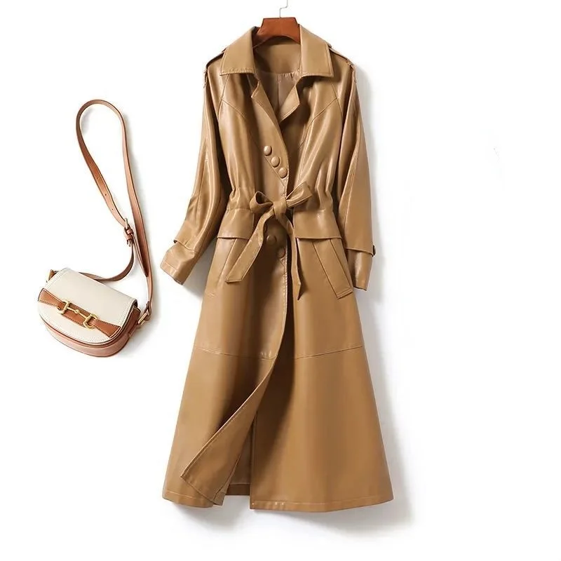 

Spring Woman Black Oversized Long Waterproof Female Faux Leather Trench Coats Ladies Long Sleeve Loose Fashion Clothing A137