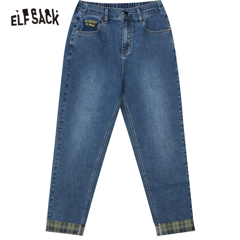 

ELFSACK Blue Plaid High Waist Washed Straight Casual Jeans Women,2021 Winter Embroidery Minimalist Ladies Basic Daily Trousers