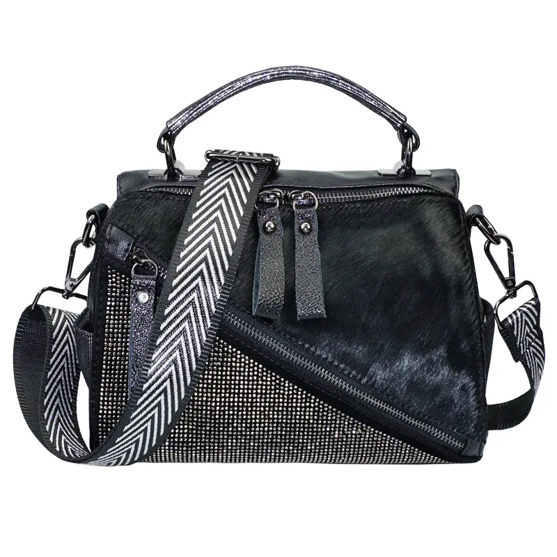 

Natural Horse Fur Messenger Bag with Rivet Details Women High Quality Rhinestone Messenger Bag Female PU Leather Shoulder Bag