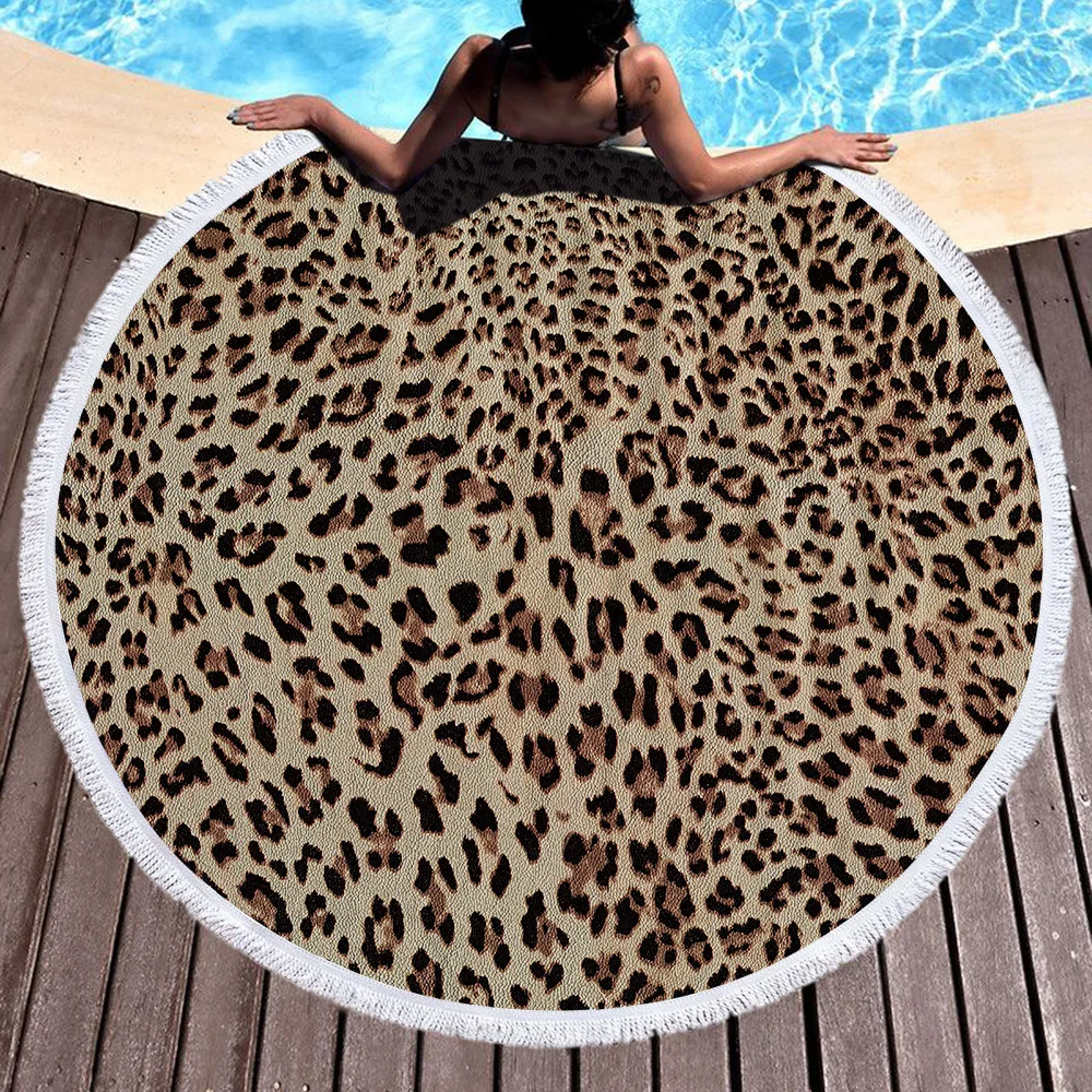 

Leopard Printed Large Round Beach Towel Microfiber Fabric Bath Towels Yoga Towel With Tassel Beach Mat Blanket Cover