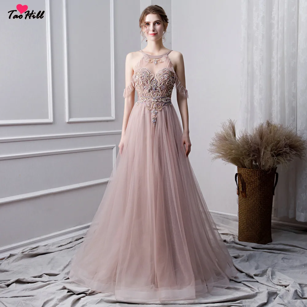 Розовое длинное формальное вечернее платье TaoHill в пол из тюля с кристаллами для