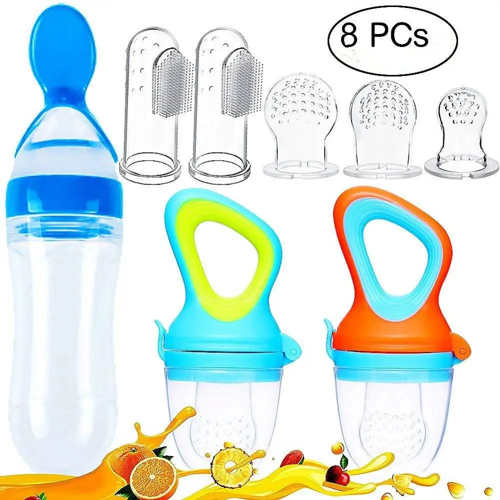 

8PCs Safety Infant Squeezing Feeding Bottle Baby Silicone Feeding With Spoon Feeder Food Rice Cereal Bottle For Best Gift