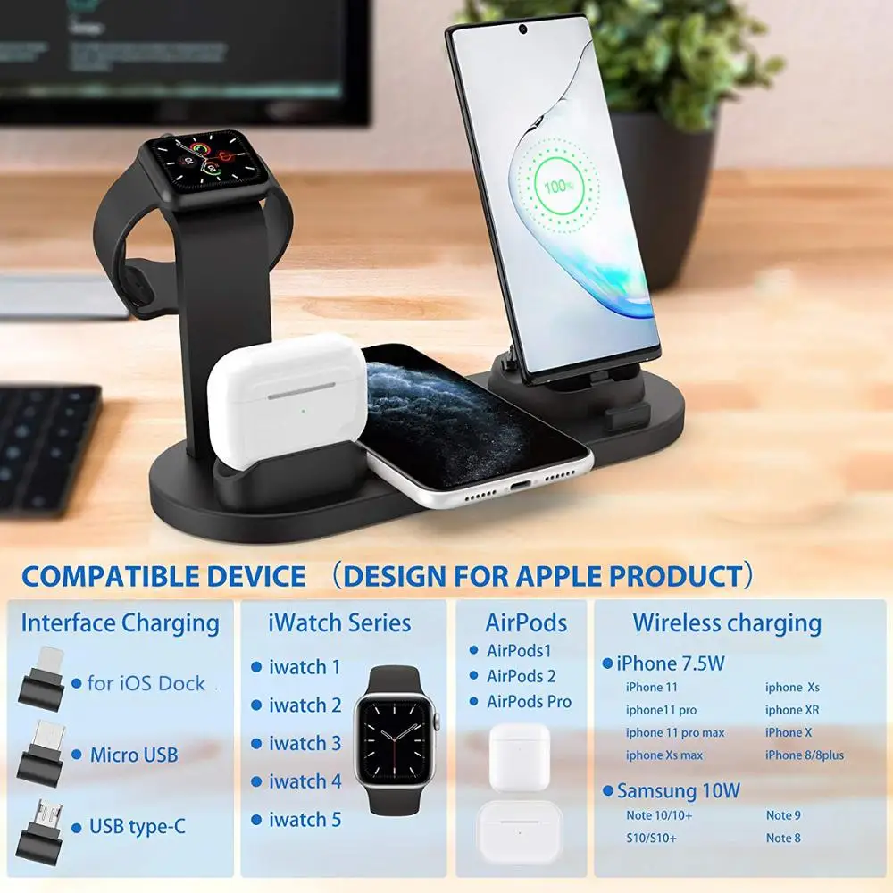 10w fast wireless charger stand 4 in 1 qi charging dock station for iphone 13 12 11 xs xr x 8 airpods pro apple watch se 6 5 4 3 free global shipping