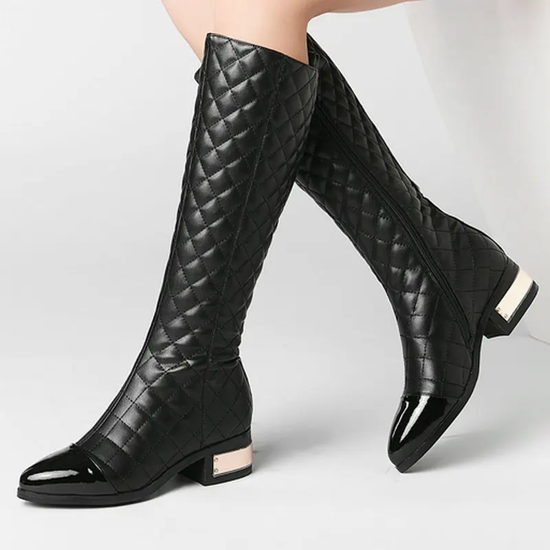

Sexy Knee high boots side Zipper Genuine Leather Shoes Woman Autumn Winter Wedding Night Club med square Heels Boots For Women