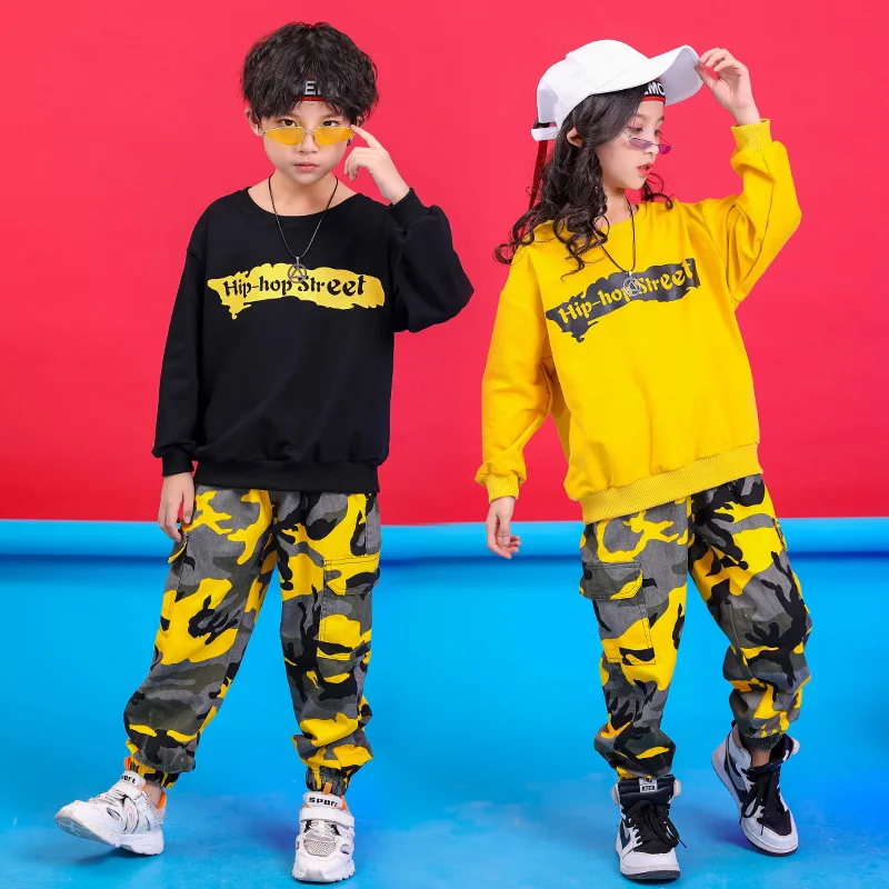 

Kid Fashion Hip Hop Clothing Sweatshirt Shirt Top Camouflage Tactical Cargo Pants for Girls Boys Jazz Dance Costume Clothes Wear