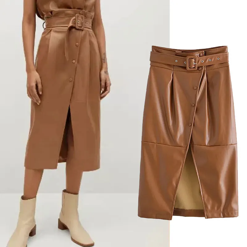 

Женская кожаная юбка с поясом Za, винтажная юбка миди с завышенной талией и передними разрезами, осень 2021