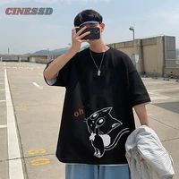 cinessd mens kitty print short sleeve t shirt middle sleeve round neck five point sleeve hip hop t shirt casual loose top