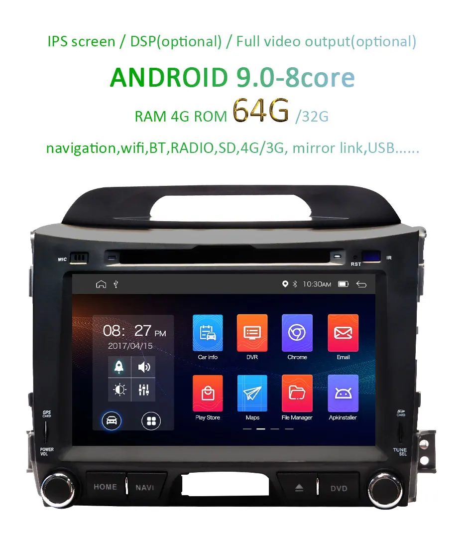 DSP ips AV выход 4G 64G Android 9,0 автомобильный dvd-плеер для KIA sportage 2011- gps Навигация стерео экран радио приемник аудио