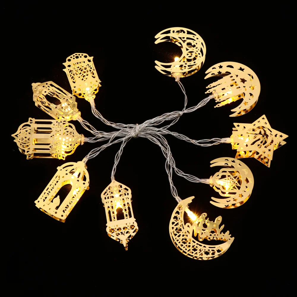 

1 Set Moon Star String Lights Muslim Eid Party Decors with Battery (Golden)