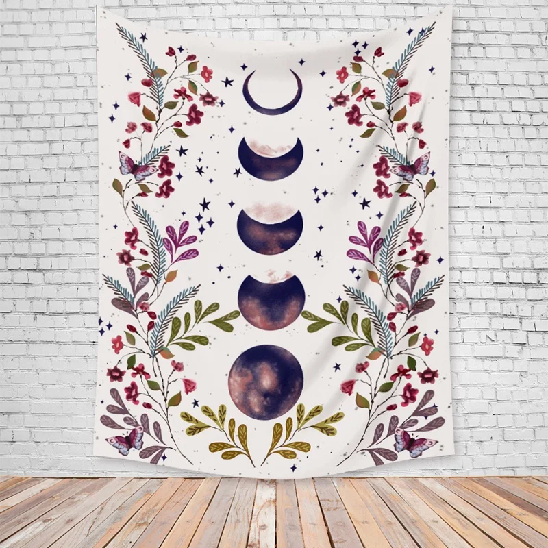 

Moonlit Garden Tapestry, Moon Phase Tapestries Flower Vine Tapestry Background Floral Tapestry Wall Hanging for Room