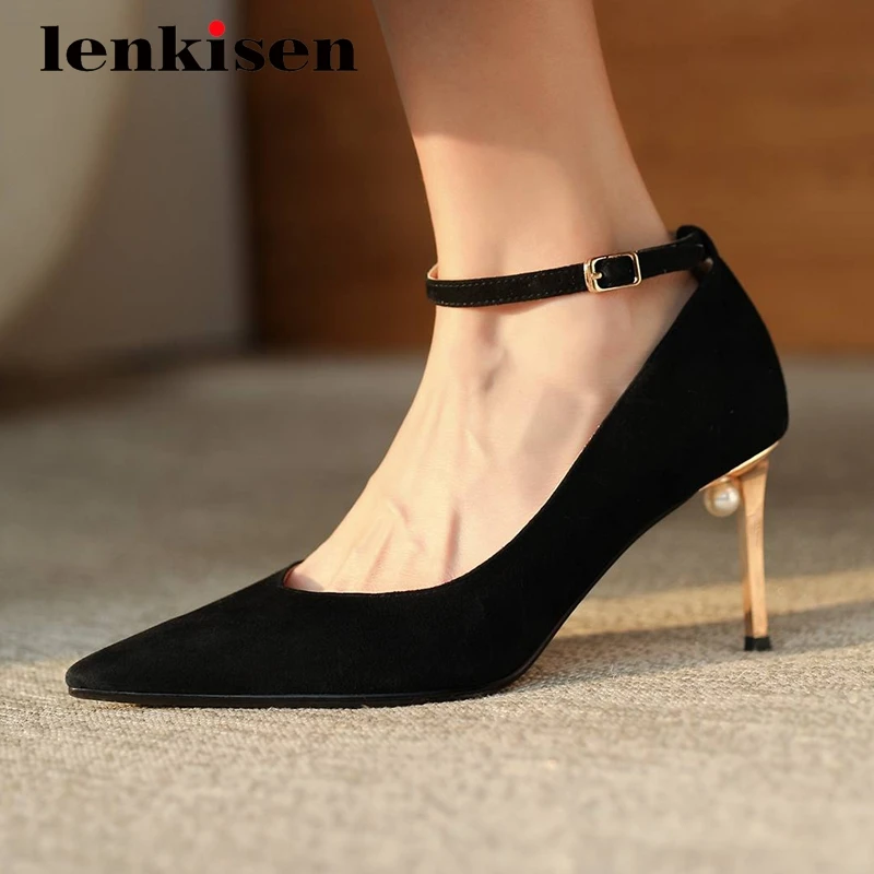 

Lenkisen 2021 spring new style sheep suede high street fashion nightclub pointed toe thin high heel buckle strap women pumps L88