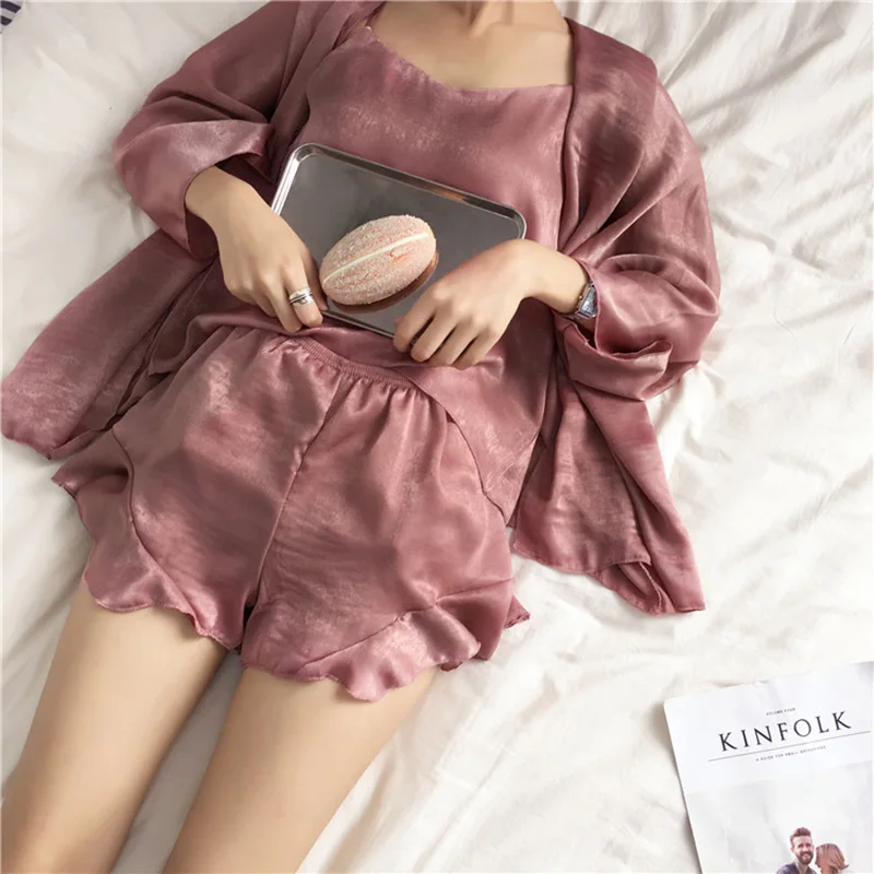 

3PCS Sleepwear Female Pajamas Set Satin Pyjamamas Sexy Lace Patchwork Bridal Wedding Nightwear Rayon Home Wear Nighty&Robe Suit