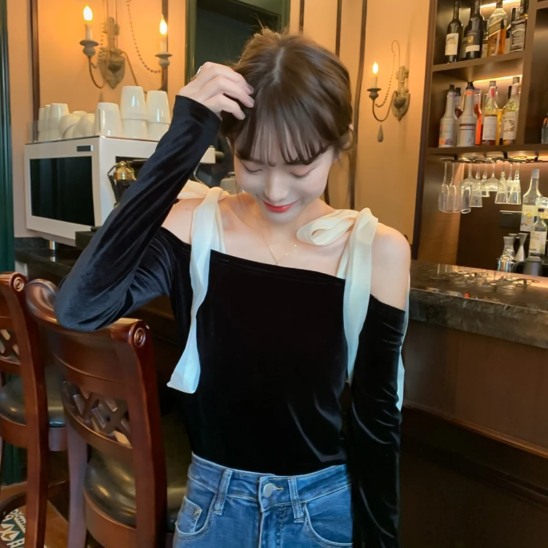 

Spring 2021 Korean style simple solid slash neck sexy night club party shirt 2021 new all-match spring shirt 2021 new tops