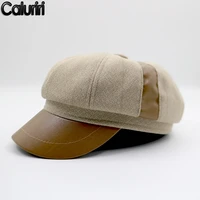 2020 new ladies hat wool octagonal hat ladies british retro casual pu leather pacth fashion painter hats army beret hat zz 315