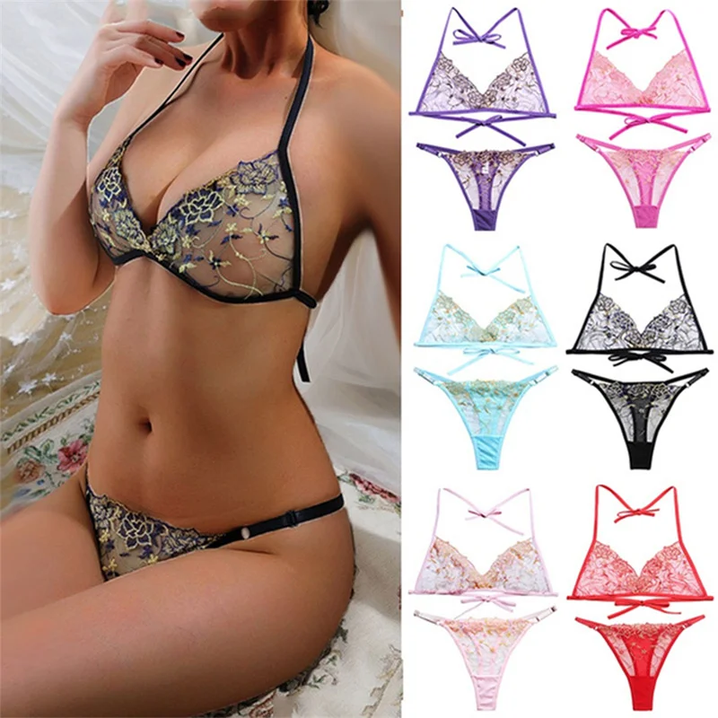 

Комплект нижнего белья, прозрачный бюстгальтер, регулируемые сетчатые стринги, Женский комплект с бюстгальтером на лямках через шею