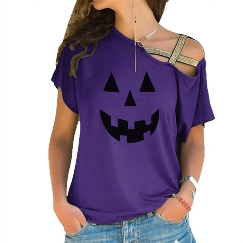 

Summer Skew Collar Shoulder Strap T-Shirt For Women Funny Halloween Cartoon Print Tees Harajuku Loose Cute Off Shoulder T-shirt