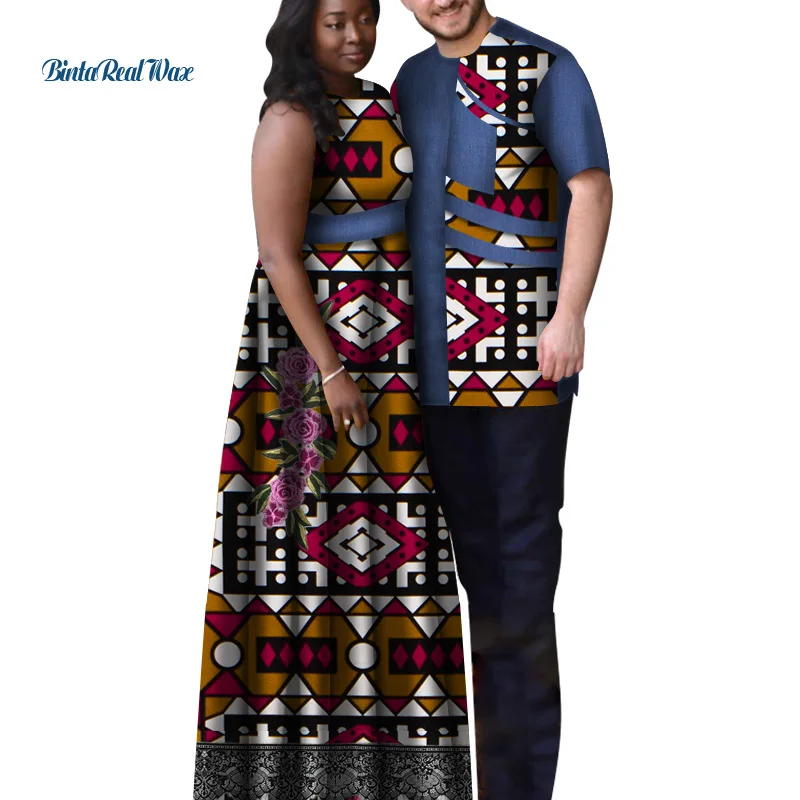 African Print Patchwork Dress for Women Bazin Riche Men's Top Shirt Couple Clothing African Lovers Couple Party Clothes WYQ493
