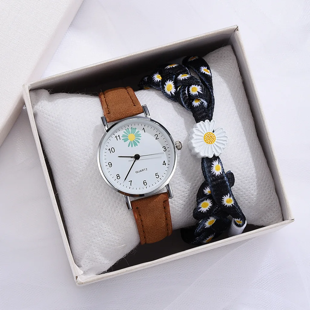 

Women's Watch High Quality Fashion Daisy PU Leather Texture Elegant Sweet Bracelets Wristwatches Set for Female Casual Clock Set
