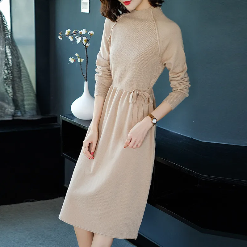 

Women Casual Autumn Dress Knitting Lady Korean Style Vintage Solid Dress Long Sleeve Bow Midi Spring Autumn Dress Vestido