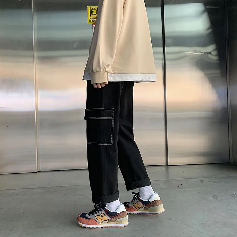 2021 spring new men's jeans Korean style loose straight three-dimensional big pocket trendy wide-leg pants