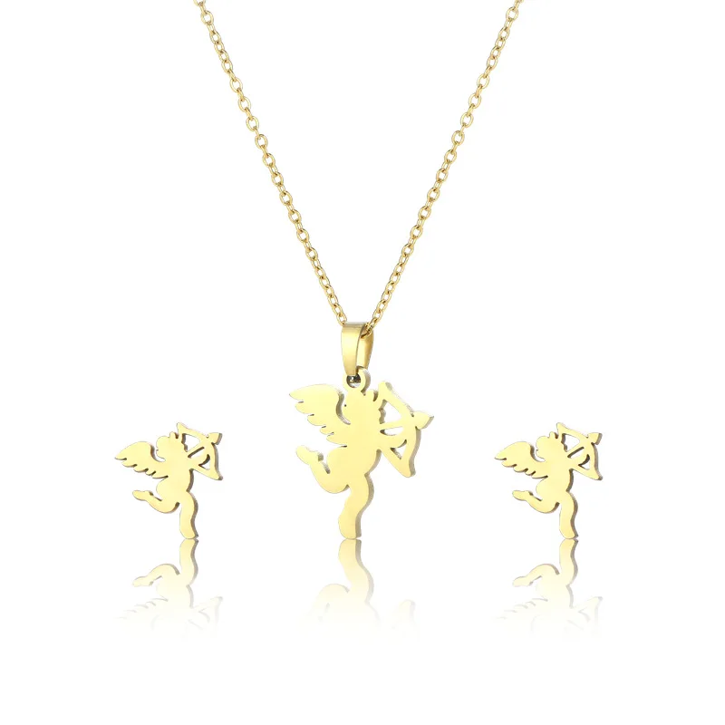 

304 Stainless Steel Golden Jewelry Fashion Chain Necklace Cupid's Arrow Pendant Earrings Sets Woman's Clothes With Gifts TZ185